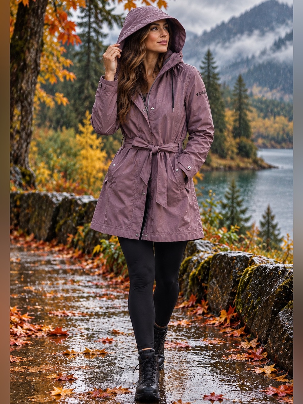Columbia Pardon My Trench Womens S Purple Omni Shield Hooded Belted Rain Jacket